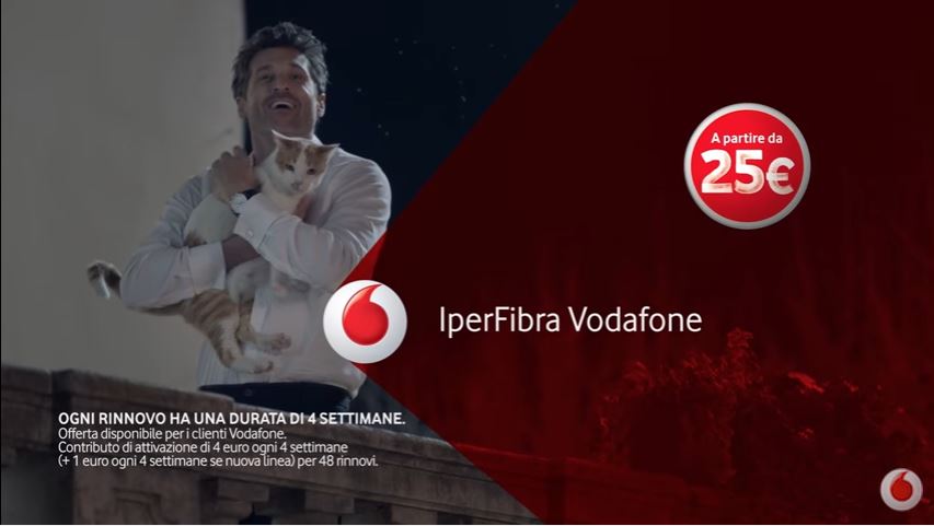 Modello Vodafone pubblicità con Patrick Dempsey e il gatto con Foto - Testimonial Spot Pubblicitario Vodafone 2017