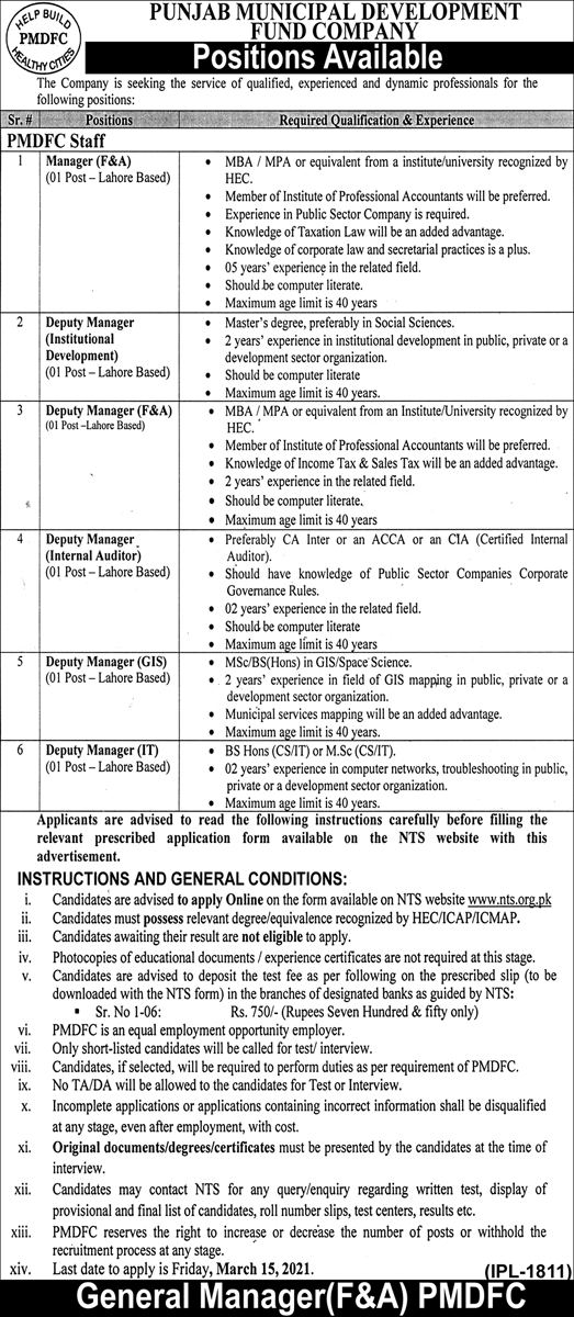 Punjab Municipal Development Fund Company Jobs 2021 in Lahore via NTS