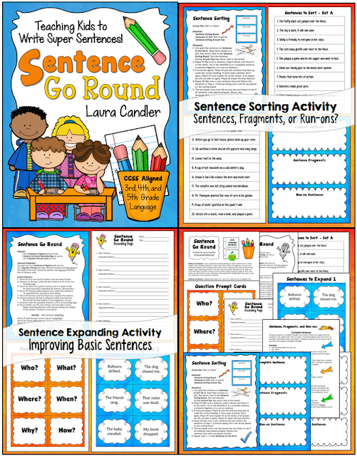 Teaching Kids to Write Super Sentences - Corkboard Connections blog post with free seasonal sentences to expand task cards to go with Sentence Go Round from Laura Candler.