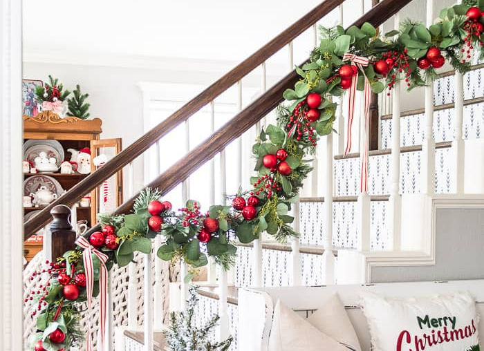 ornament garland hanging on stair banister