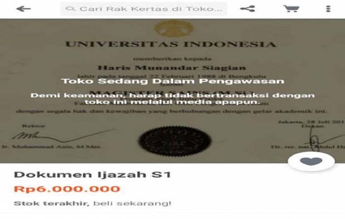 Ampun Ijazah Universitas Indonesia Pun Dijual Di Tokopedia