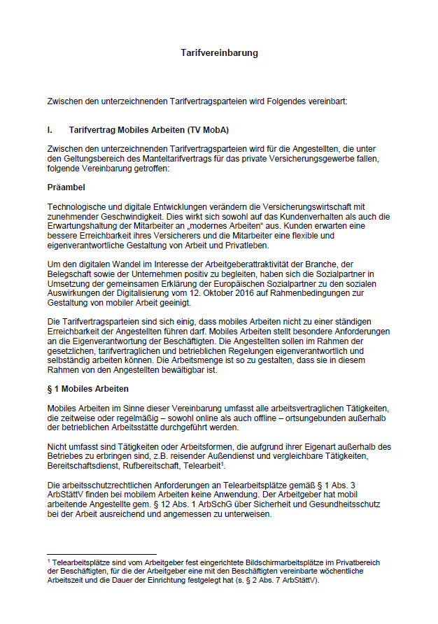Tarifvertrag mobiles Arbeiten in Kraft Tarifrunde Versicherungen