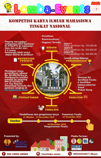Lomba Karya Ilmiah Nasional KKIM Unnes 2019 Mahasiswa
Lomba Karya Ilmiah Nasional KKIM Unnes 2019 Mahasiswa