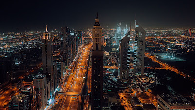City, Aerial view, Buildings, Metropolis, Lights, Night
