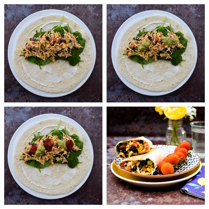 Making Tex Mex Cheese Crunch Wrap - Step 3 Making Tex Mex Cheese Crunch Wrap - Step 3 - Add the wrap filler, then topped with guacamole and salsa, then wrapped