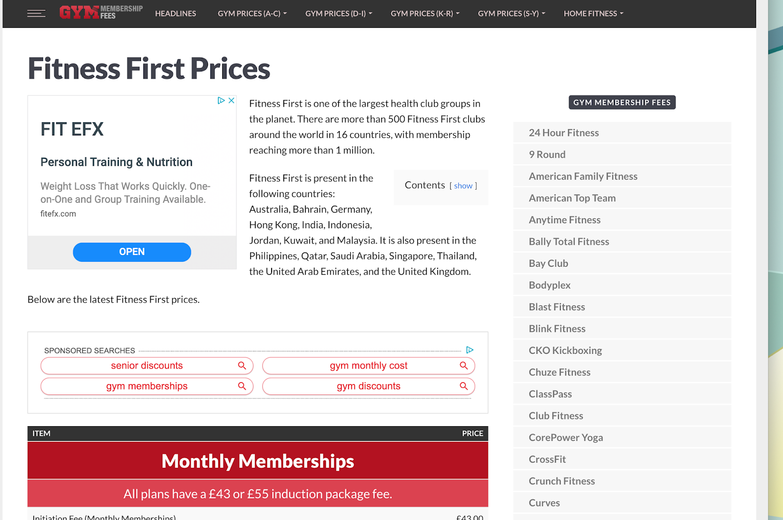 Fitness First Prices