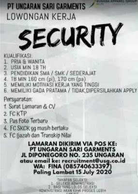 Loker semarang 2020 security hotel, pt ungaran sari garments, shipper