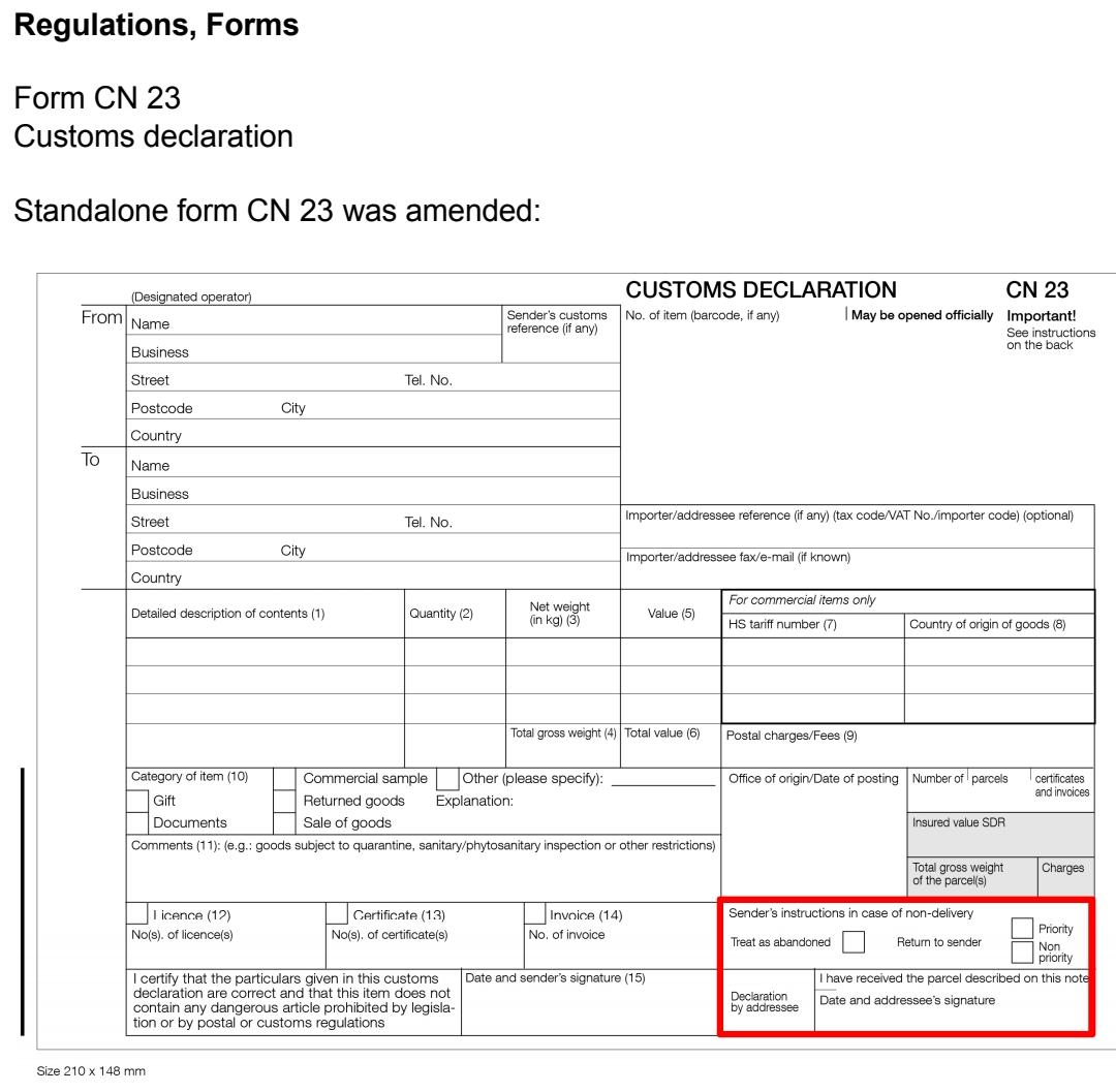 Regarding New format of CN23 Form Custom Declaration SA POST