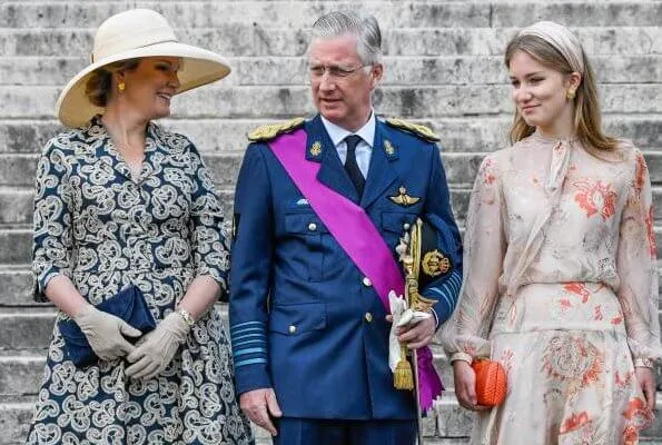 Crown Princess Elisabeth, Prince Gabriel, Prince Emmanuel and Princess Eleonore. Queen Mathilde outfit is by Belgian fashion house Natan