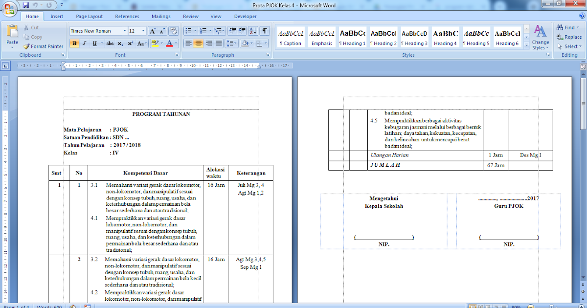 Program Tahunan PJOK SD Kelas 4 Semester 1 dan 2 Kurikulum