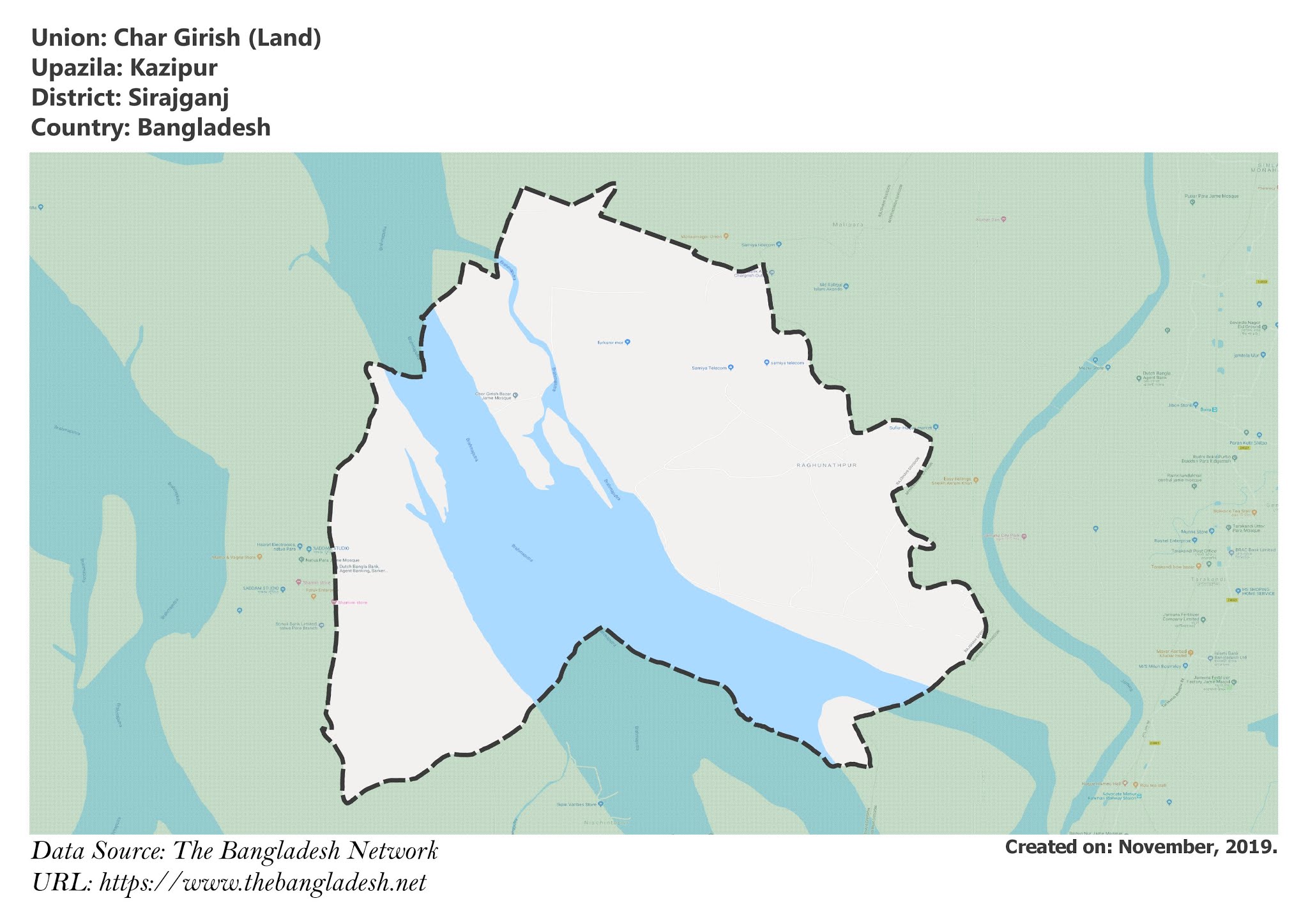 Map of Char Girish of Kazipur Upazila Map of Char Girish of Sirajganj, Bangladesh.