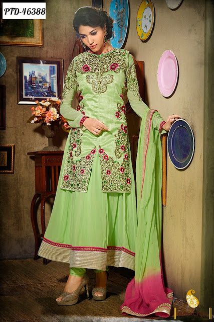 Medium sea green color georgette anarkali salwar suit online shoping at chepaest price in India with exciting discount deals for Karva Chauth and Diwali festival