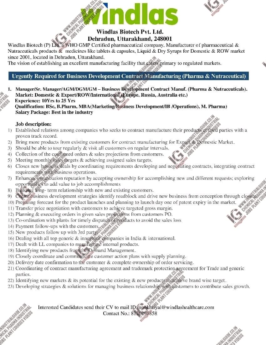 Windlas Biotech jobs for Bsc Bpharm Mpharm MBA apply now