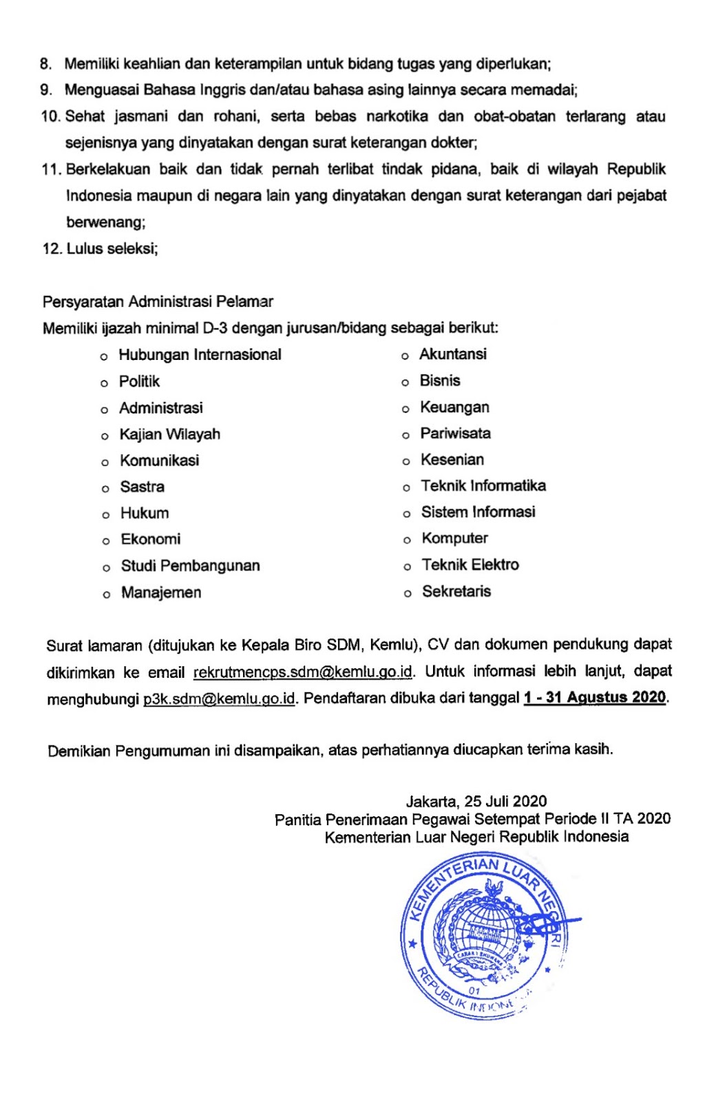 Lowongan Kerja Kementerian Luar Negeri RI Penerimaan