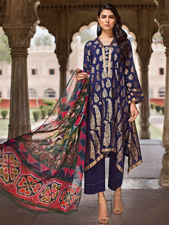 Limelight Navy Blue Dress with chiffon dupatta