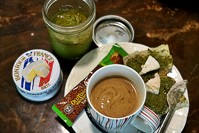 Midday Pick Me Up with Coffee, Bread and Pesto