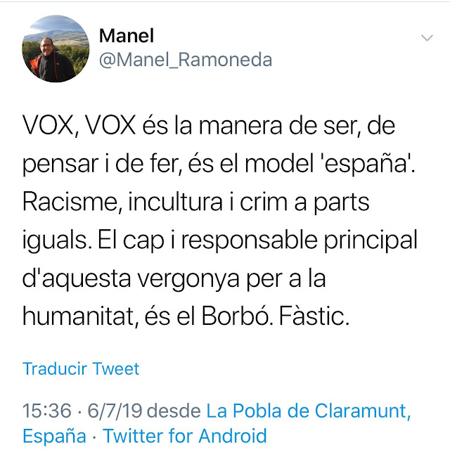 Vox, Vox és la manera de ser, de pensar i de fer, és el model ´españa´. Racisme, incultura i crim a parts iguals. El cap i responsable principal d´aquesta vergonya per a la humanitat, és el Borbó. Fàstic.