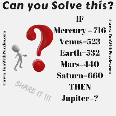 If Mercury=716, Venus = 523, Earth = 532, Mars = 440, Saturn = 660 Then Jupiter = ?