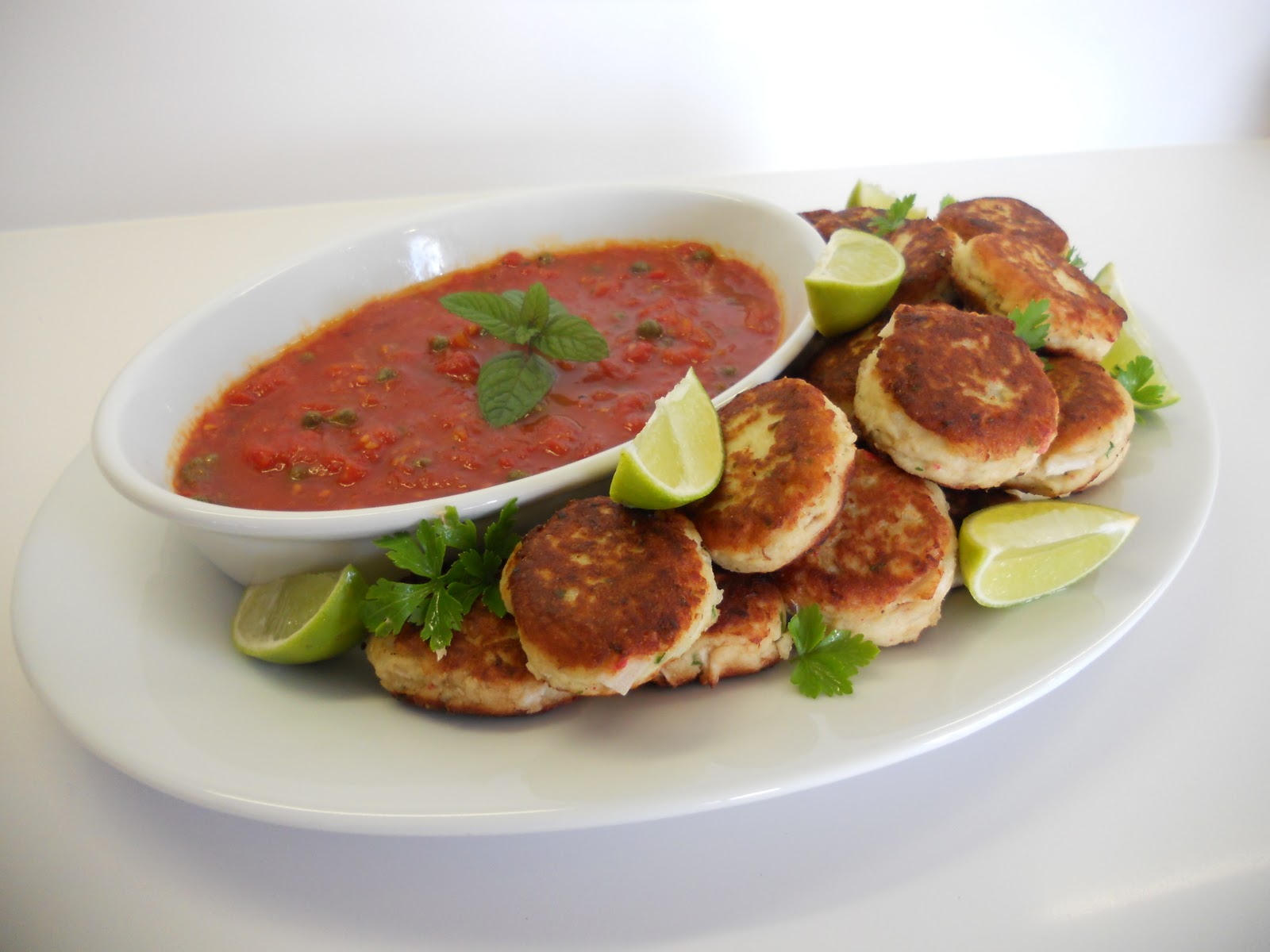 Marthese Seasonal Food Fish Cakes with Honey Tomato and Caper Salsa