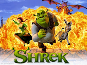 Shrek, Fiona and the donkey running from an explosion 2001 animatedfilmreviews.filminspector.com