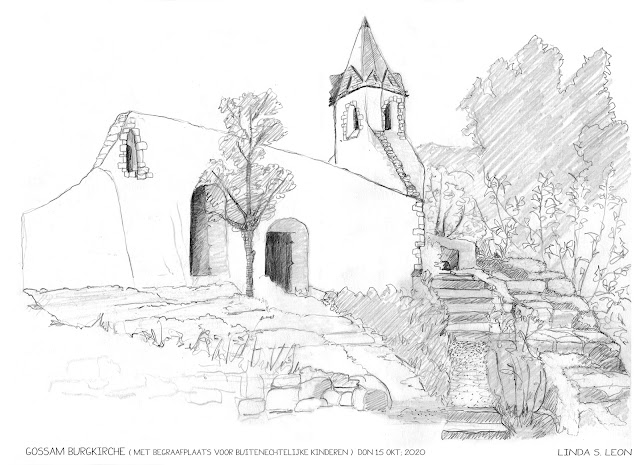 RUINS OF THE LITTLE FORTRESS CHURCH "ST. PANCRAZ" near GOSSAM IN THE WACHAU, WITH A CEMETERY FOR ILLEGITIMATE CHILDREN, sketched on location by Linda S. Leon