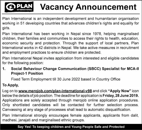 Vacancy Announcement from Plan International Nepal