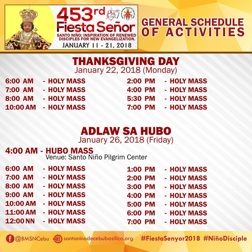 2018 Sinulog Schedule at the Basilica Minore del Sto. Niño