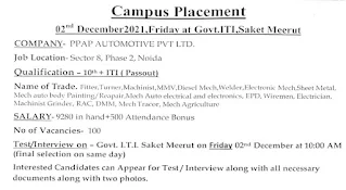 ITI Campus Placement On 02nd December 2021 at Govt. ITI  Meerut, Uttar Pradesh For Ppap Automotive Pvt Ltd