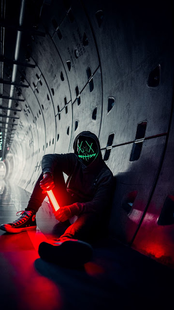 Alone Man, Hoodie, Neon Mask, Tunnel, Lights