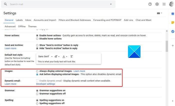 Gmail Images Settings
