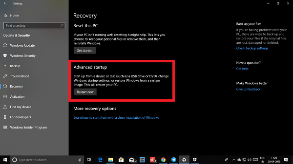 Opciones avanzadas de recuperación de inicio de Windows 10