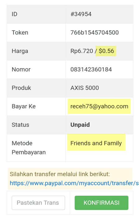 rincian pembelian pulsa pakai paypal