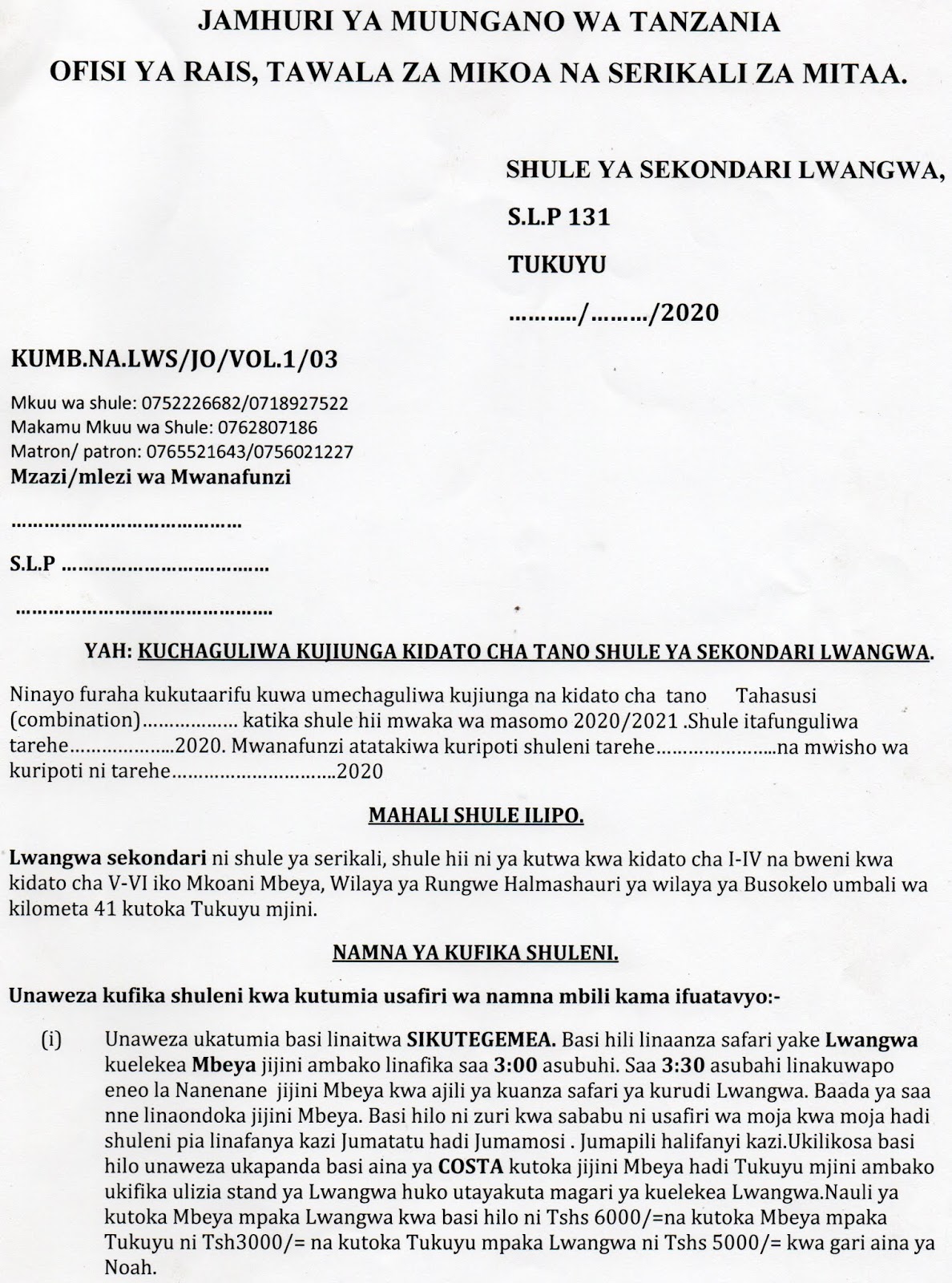 Lwangwa Secondary School LWANGWA SECONDARY SCHOOL JOINING INSTRUCTION