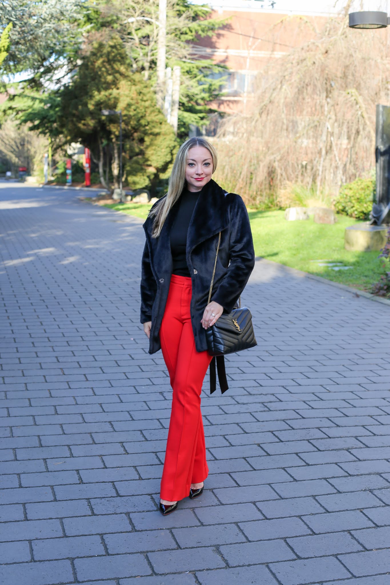Valentine's Day Outfit Idea: Faux Fur Coat + Red High-Waist Pants + YSL  Loulou