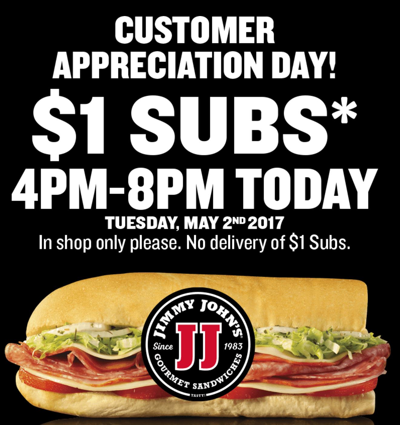 May 2 Jimmy John's Offers 1 Subs For Customer Appreciation Day