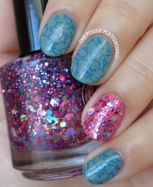 Blue Floral Vines Stamping with Glitter Accent Nail Art