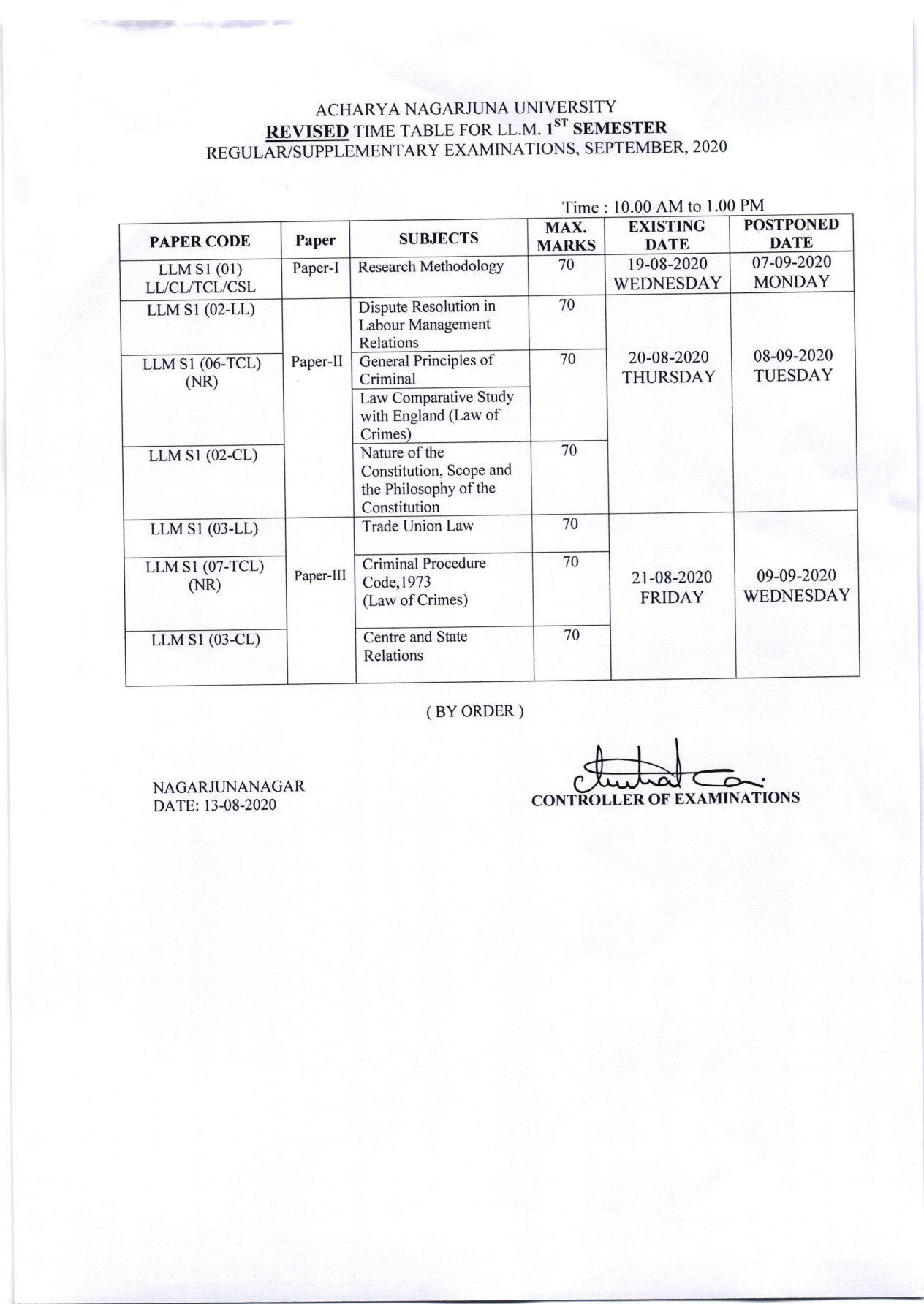 Acharya Nagarjuna University LLM 1st Sem Sep 2020 Exam Revised Time Table