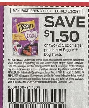 $1.50/2 Beggin Dog Treats Pouches 5oz+ Coupon from "RetailMeNot" insert week of 5/2/21 (exp. 8/2).