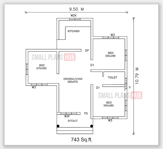 743 Sq. ft. 3 Bedroom Single Floor House Plan and Elevation