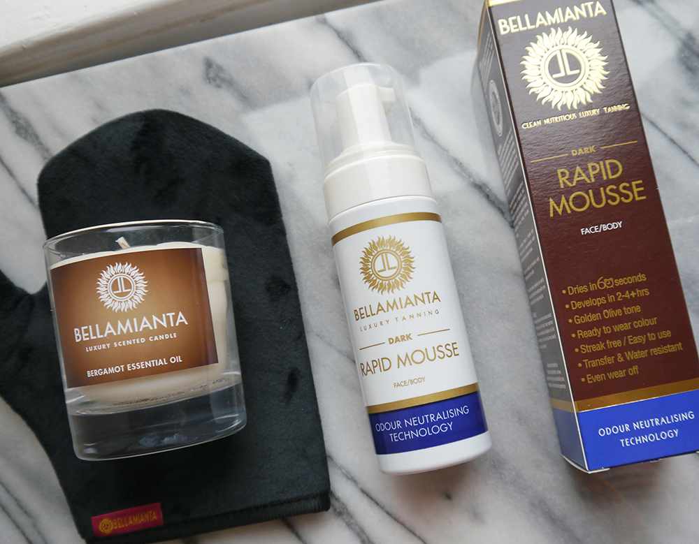 bellamianta rapid mousse blogger review Edinburgh Fringe Festival, Edinburgh canal walk, Edinburgh blogger, beginner guide to self tan, easy self tan review, Bellamianta luxury tanning, UK blogger, marbled background, beauty flatlays, luxury tannign mitt, tanning for beginners
