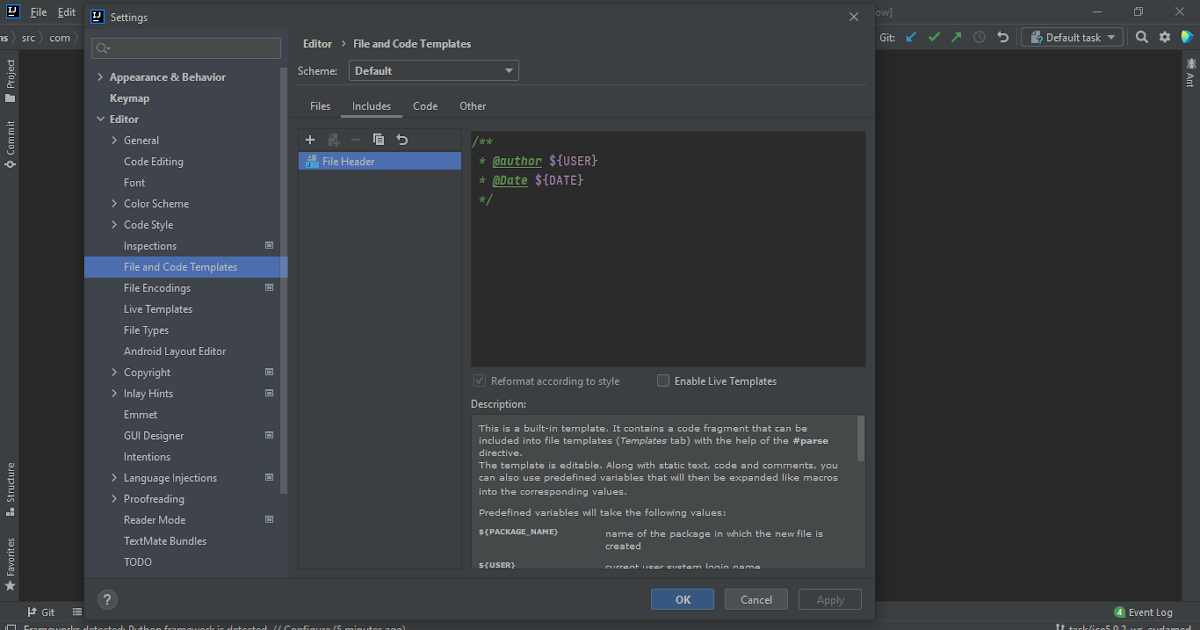 Intellij : How to add @author comment to every new class