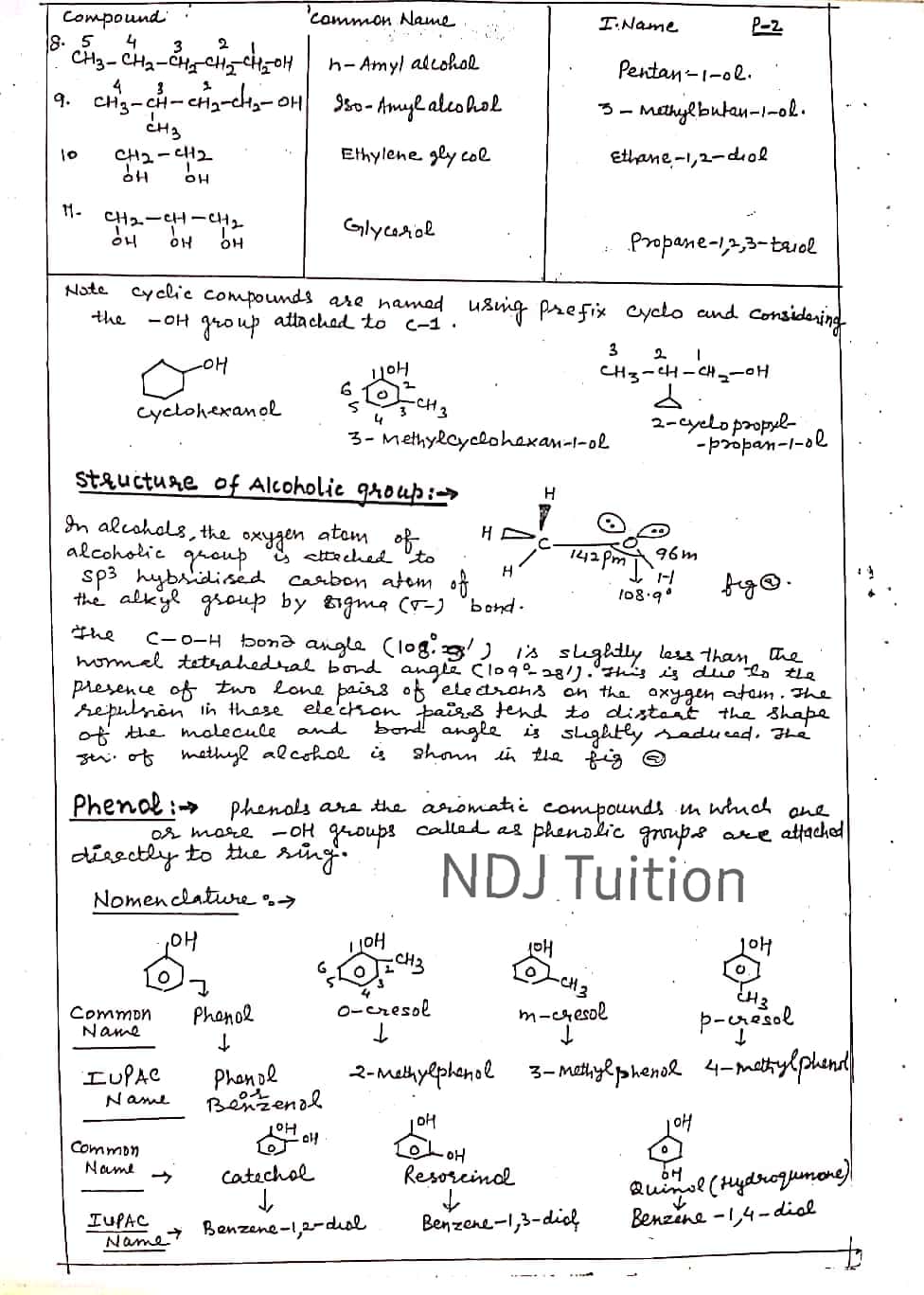 Alcohols , Phenols and Ethers Handwritten Notes for 12th Class Chemistry