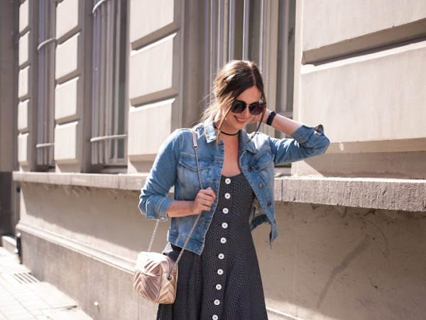 Outfit: vintage button through dress, denim jacket