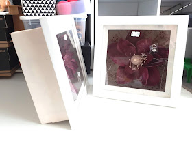 Two square white shadowbox fromes containing large maroon flowers.