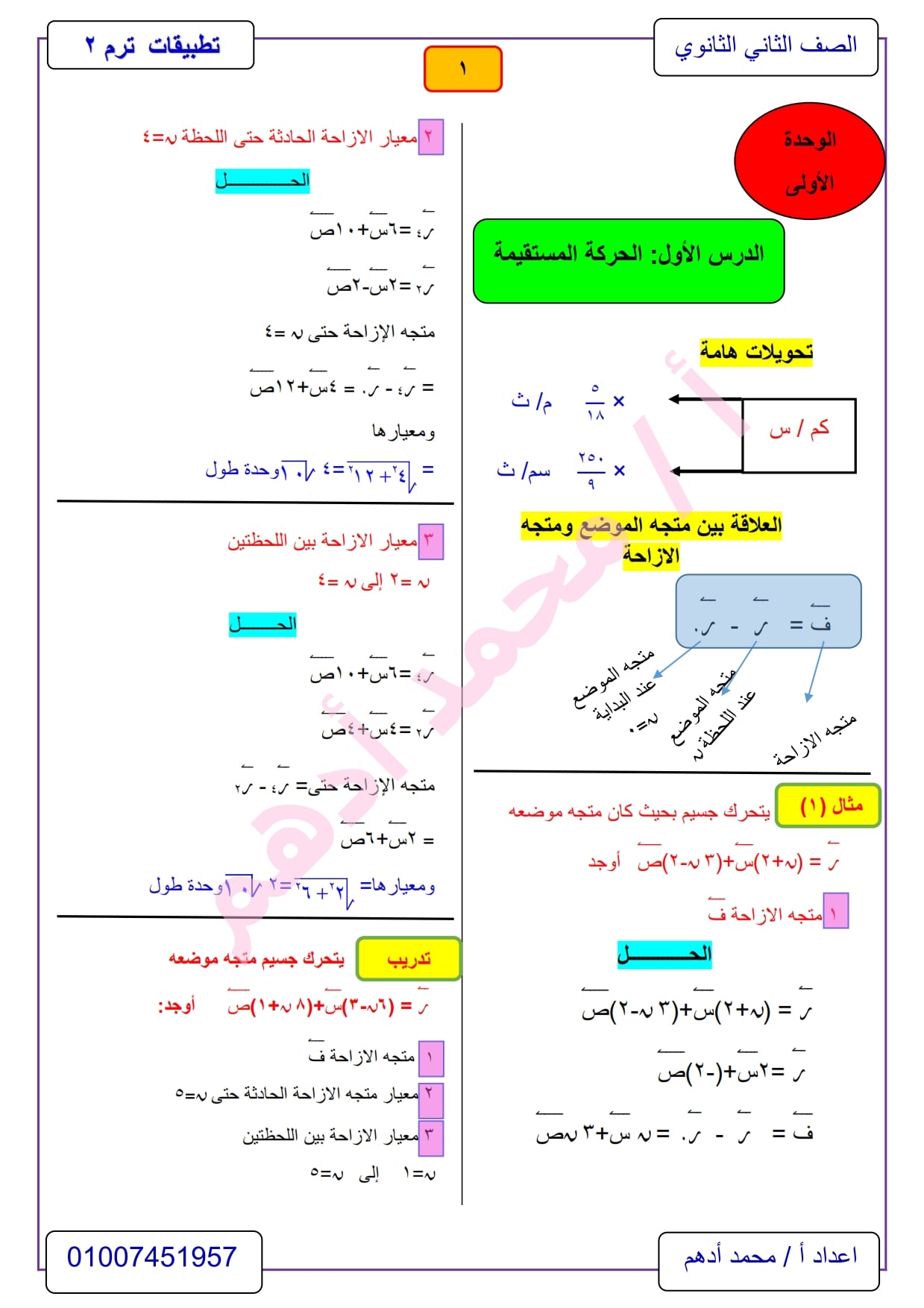 مراجعة تطبيقات الرياضيات 2 ثانوي الترم الثاني .. ديناميكا أ/ محمد أدهم 1