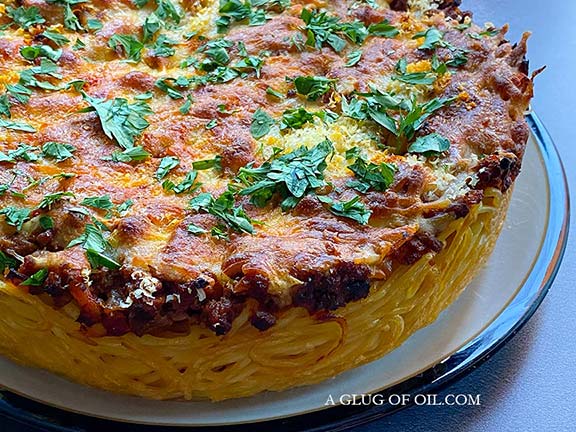 Spaghetti pie out of the oven