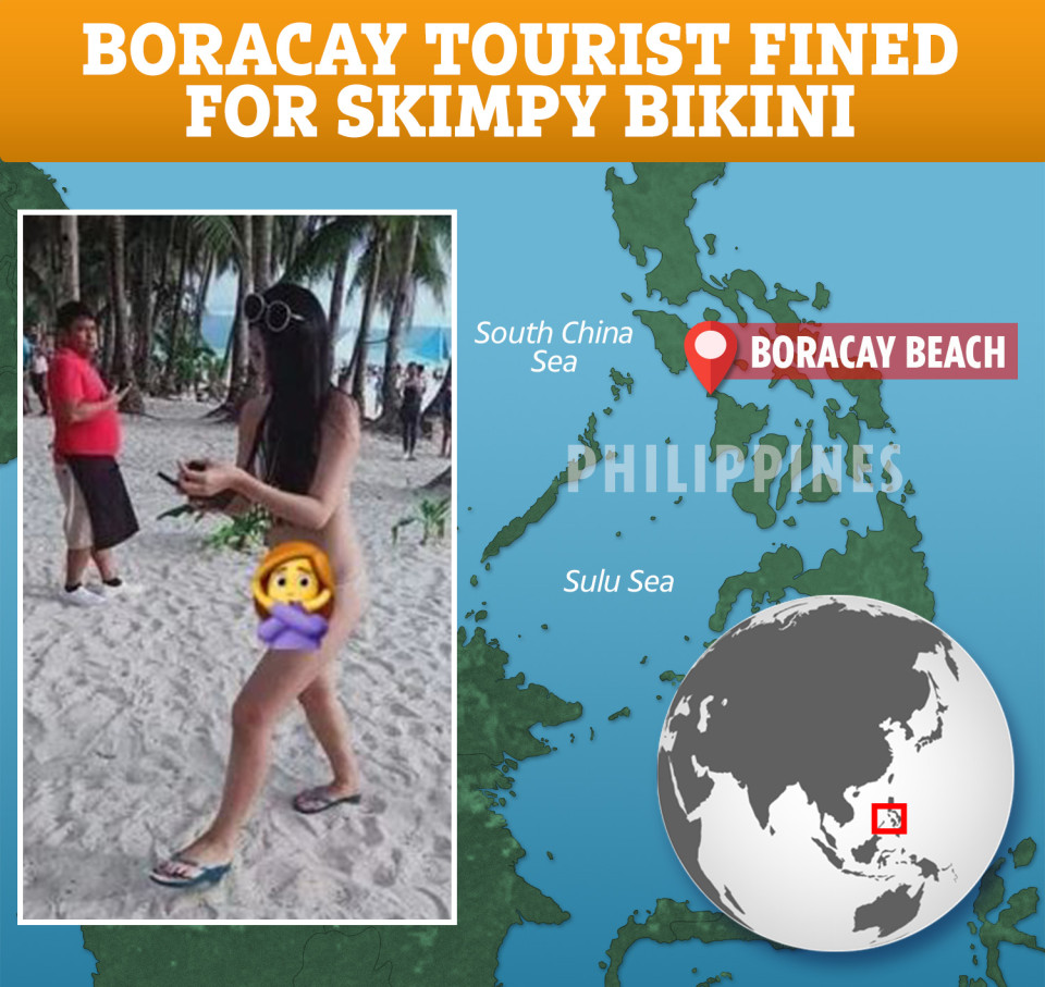  A TOURIST was fined £40 (2,500 pesos (S$67)) after being accused of wearing a bikini which was 'just a string' while on holiday at Boracay beach.
