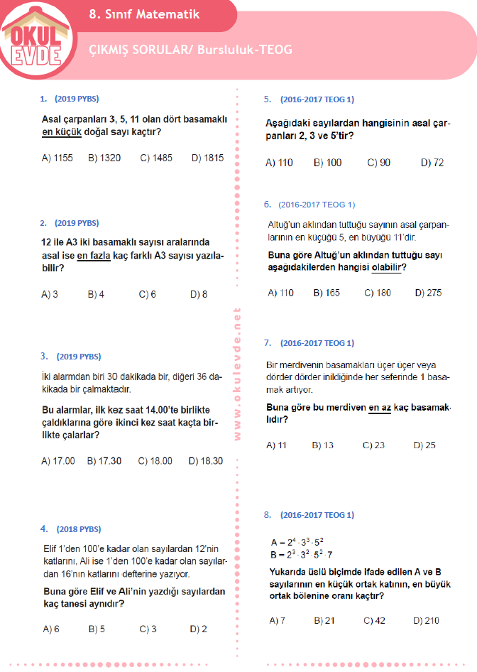 Carpanlar Ve Katlar Bursluluk Ve Teog Cikmis Sorular Test Matematik