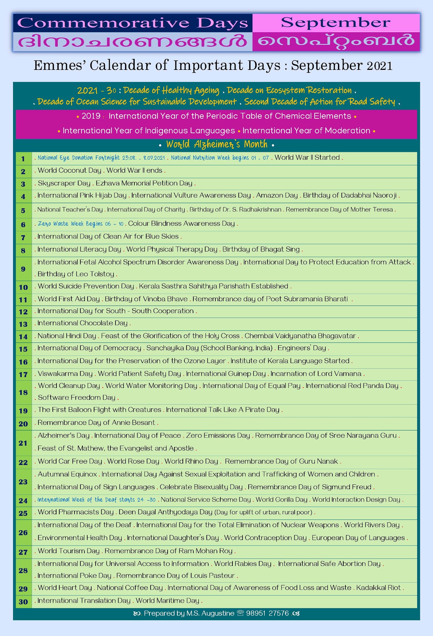 Emmes Calendar Commemorative days September 2021