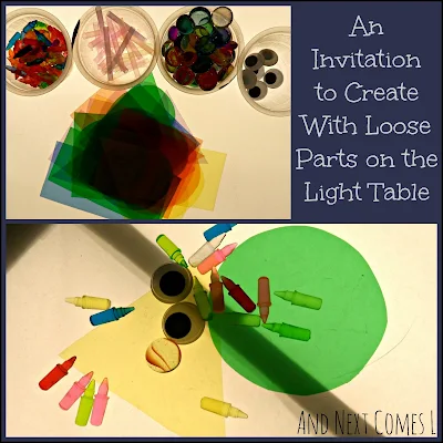An invitation to create with loose parts on the light table from And Next Comes L